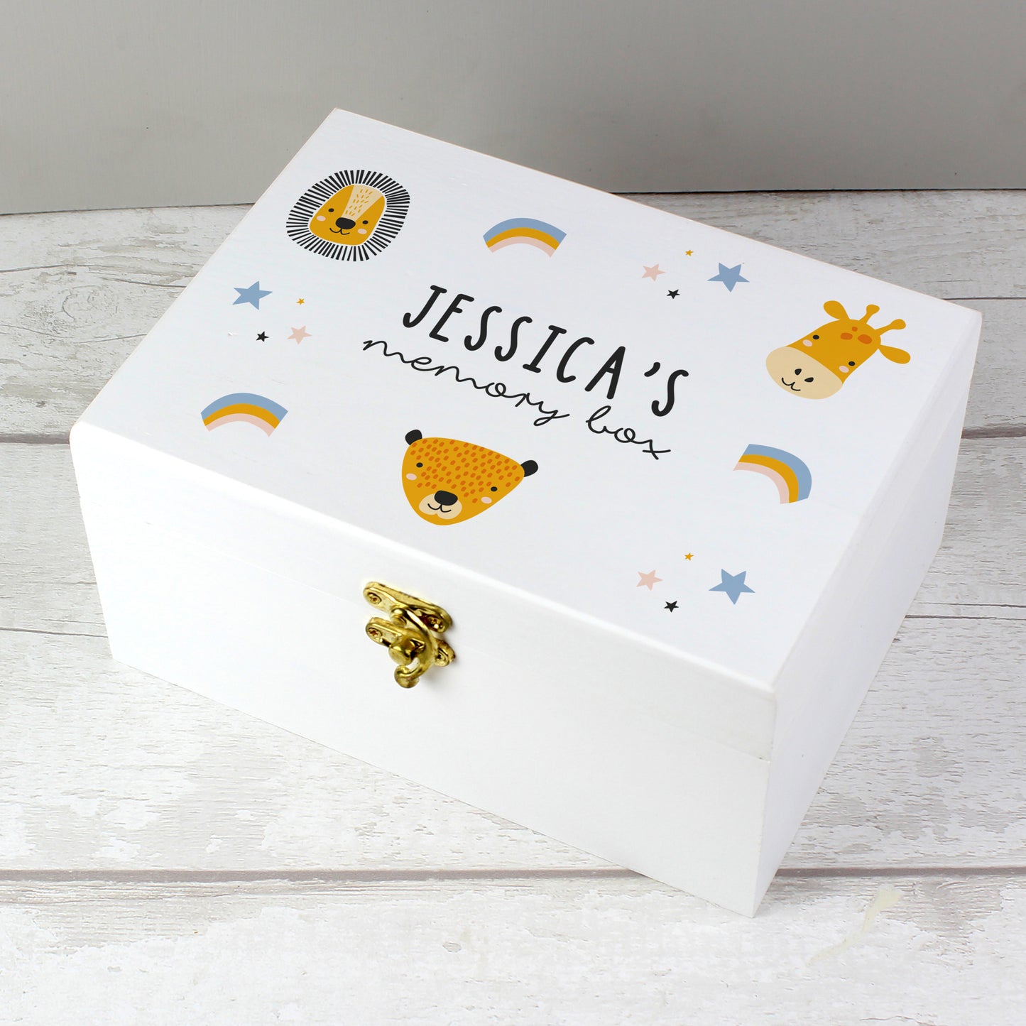 Personalised Safari Animal White Wooden Keepsake Box