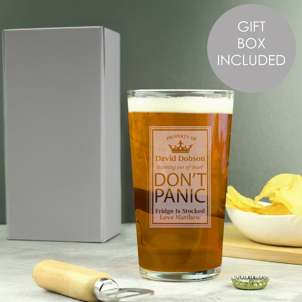 Personalised Don't Panic Pint Glass