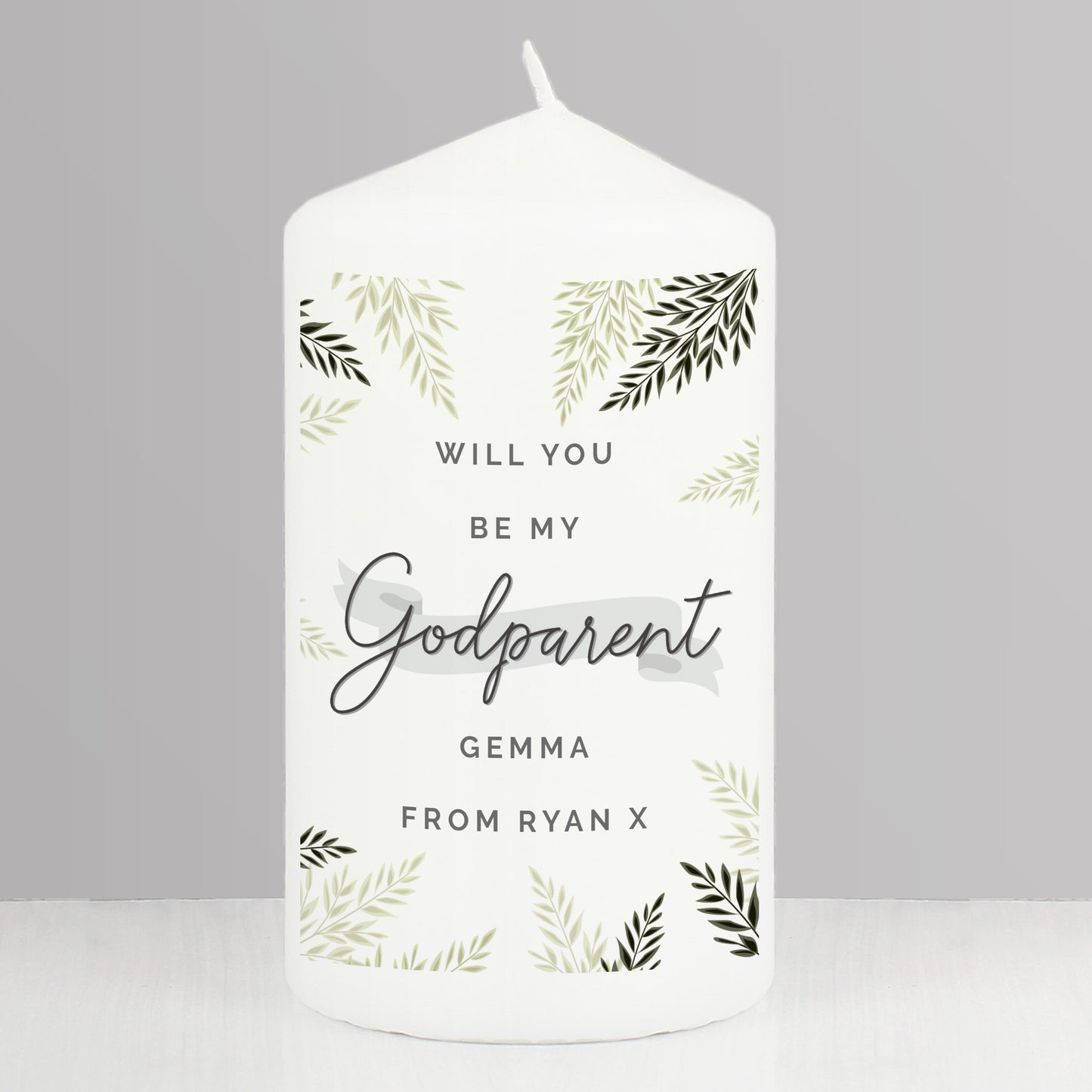 Personalised Godparent Leaves Pillar Candle