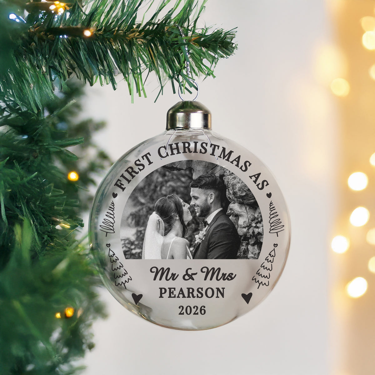 Personalised First Married Christmas Photo Upload Glass Bauble