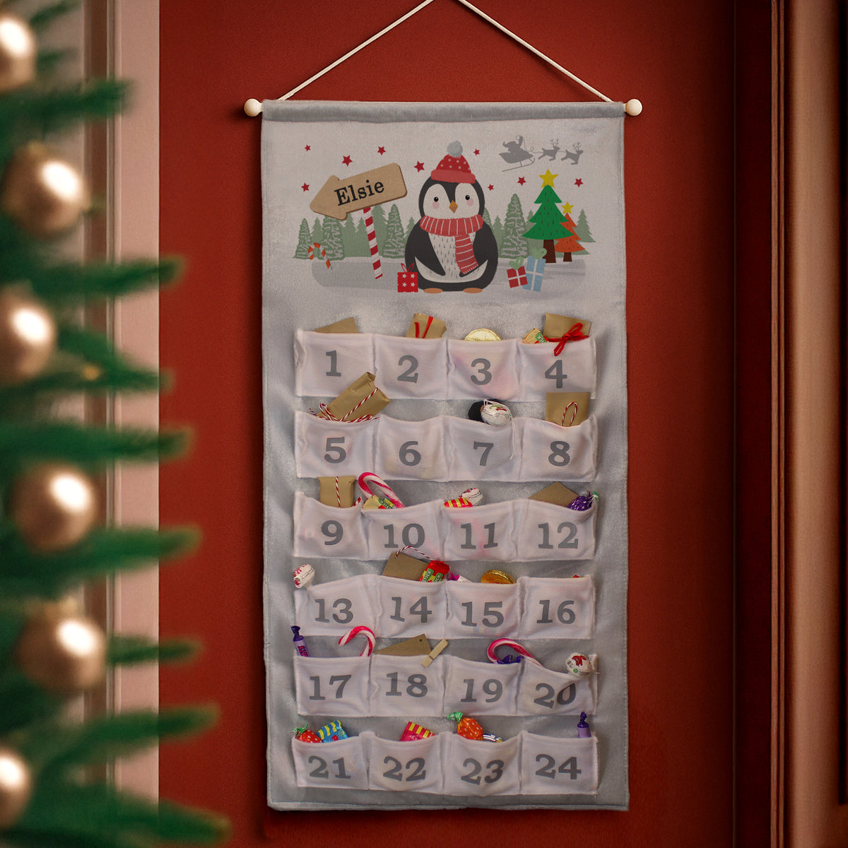 Personalised Christmas Penguin Advent Calendar In Silver Grey