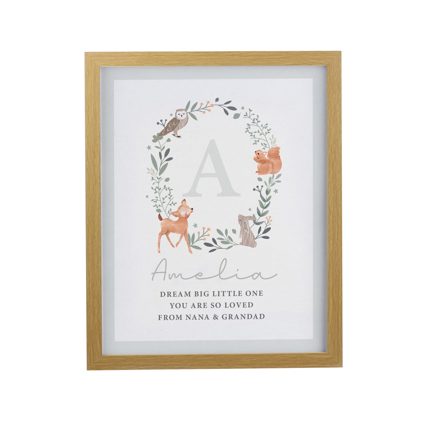 Personalised Woodland Initial Oak Poster Frame
