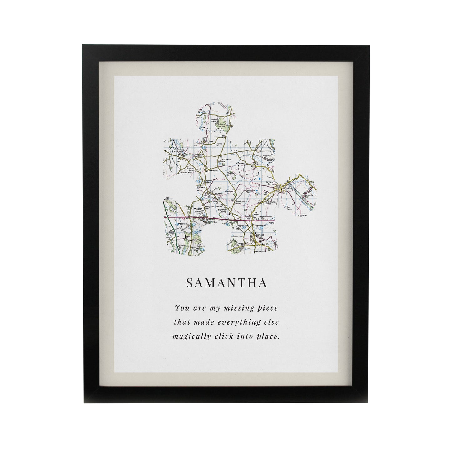 Personalised Present Day Map Puzzle Piece Black Poster Frame