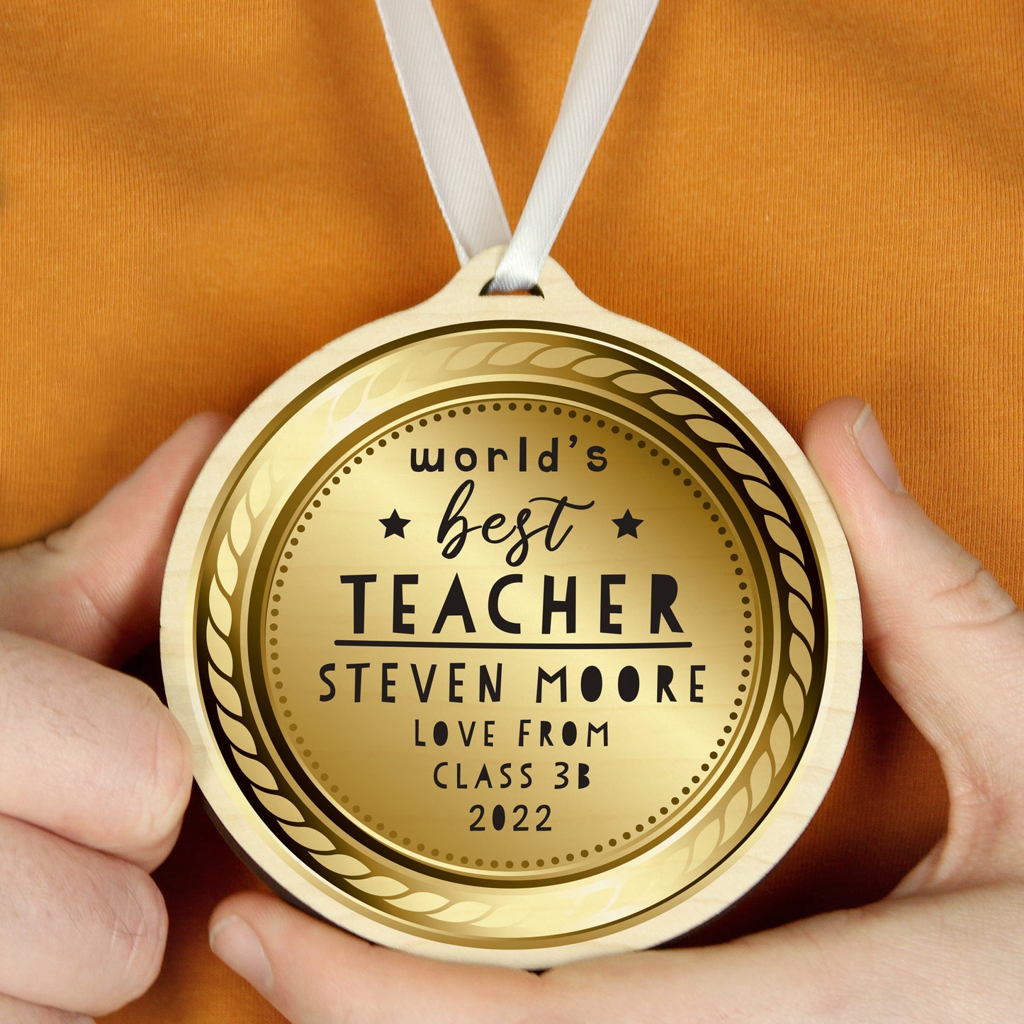 Personalised Worlds Best Teacher Round Wooden Medal