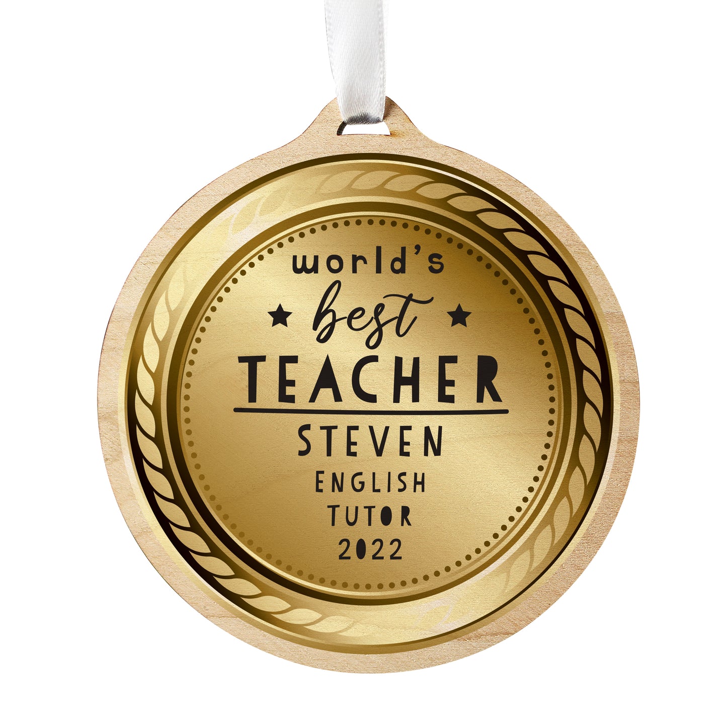 Personalised Worlds Best Teacher Round Wooden Medal