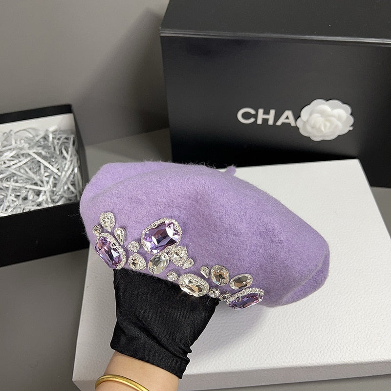 French Beret Winter Hat with Crystals