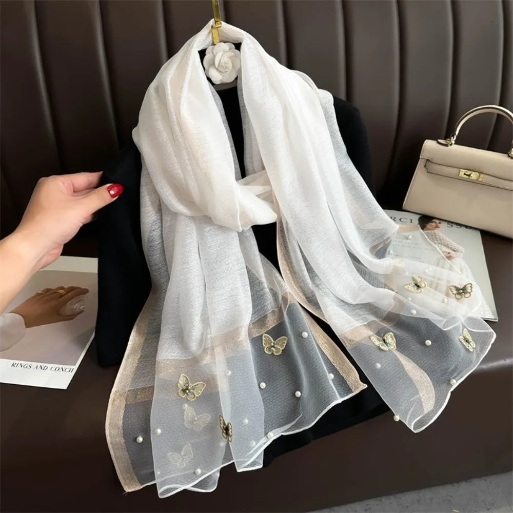 Headkerchief Thin Silk Scarf Pearl Foulard Butterfly Embroidery Scarf Wraps Large Women Hijab Shawls Spring and Autumn