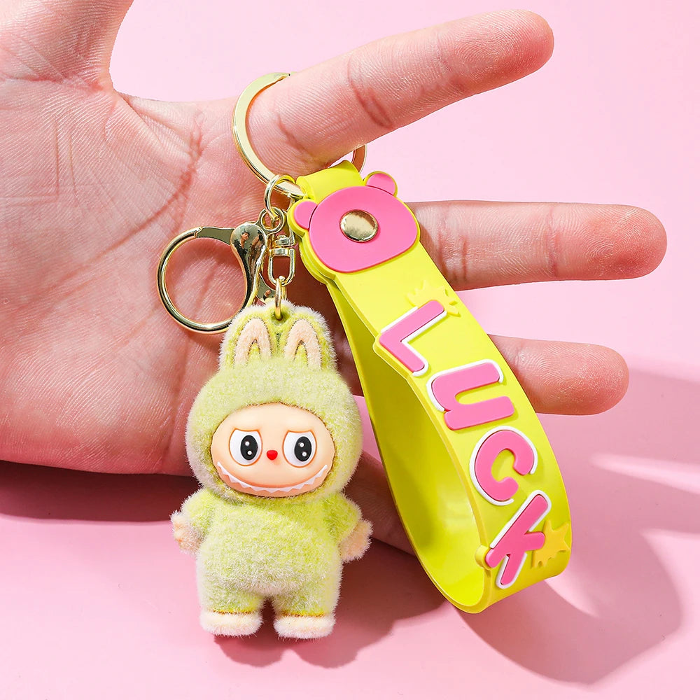 Labubu Flocked Key Ring Doll with Silicone "Luck" Charm