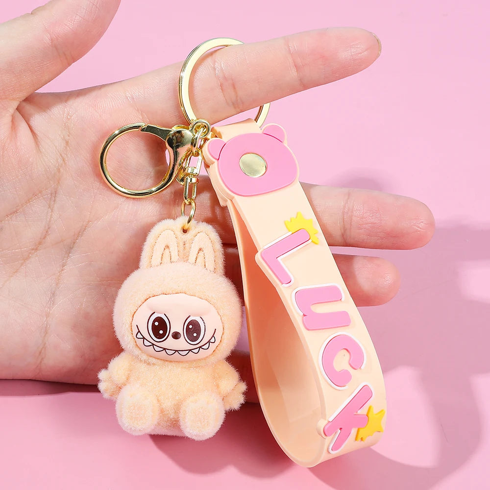 Labubu Flocked Key Ring Doll with Silicone "Luck" Charm
