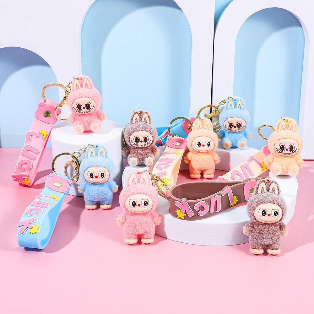 Labubu Flocked Key Ring Doll with Silicone "Luck" Charm