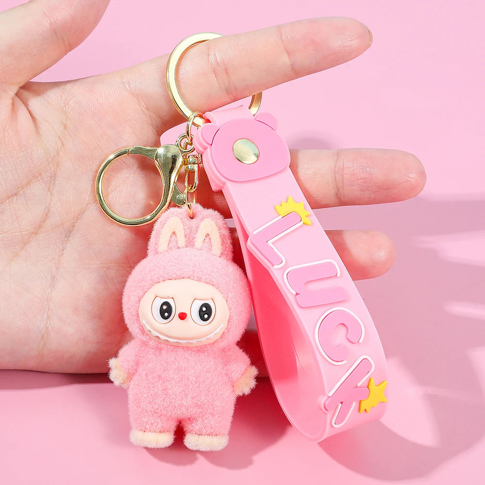 Labubu Flocked Key Ring Doll with Silicone "Luck" Charm