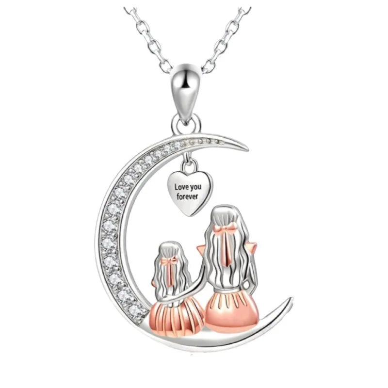 Mom & Daughter Moon Pendant –Love You Forever Heart in Keychain or Necklace