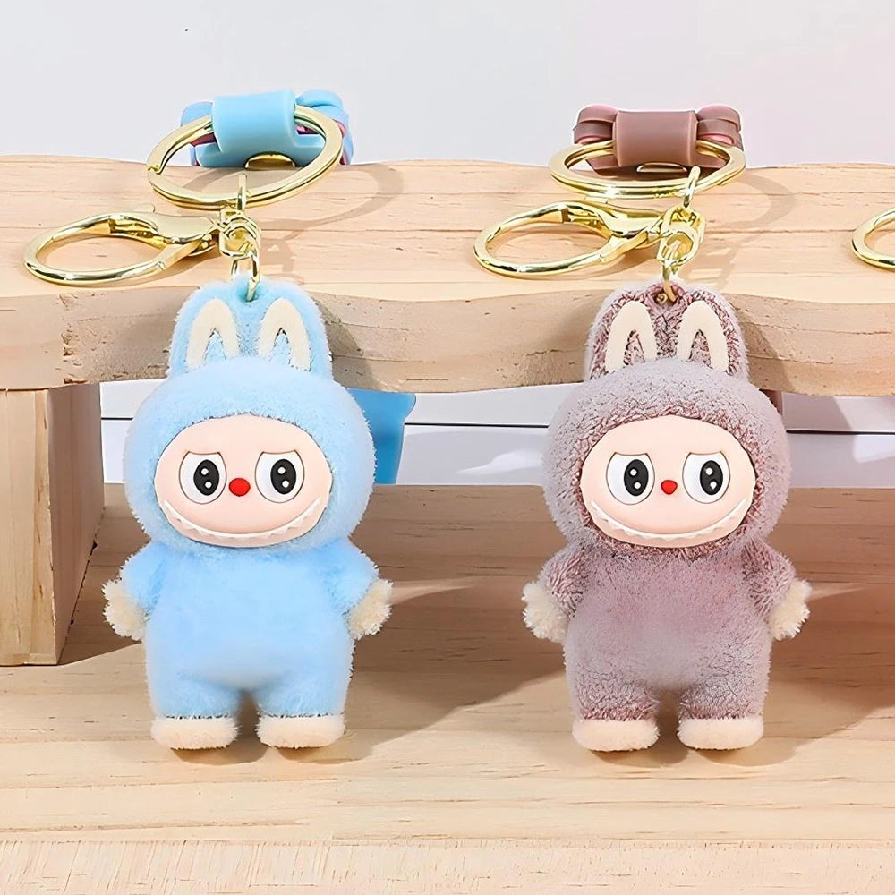 Labubu Flocked Key Ring Doll with Silicone "Luck" Charm