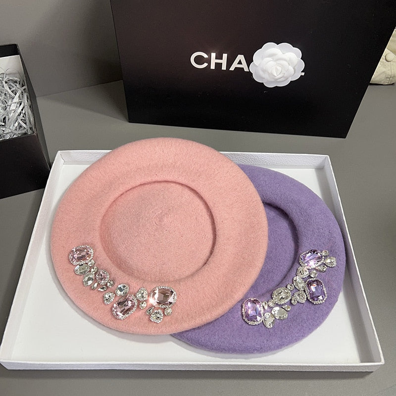 French Beret Winter Hat with Crystals