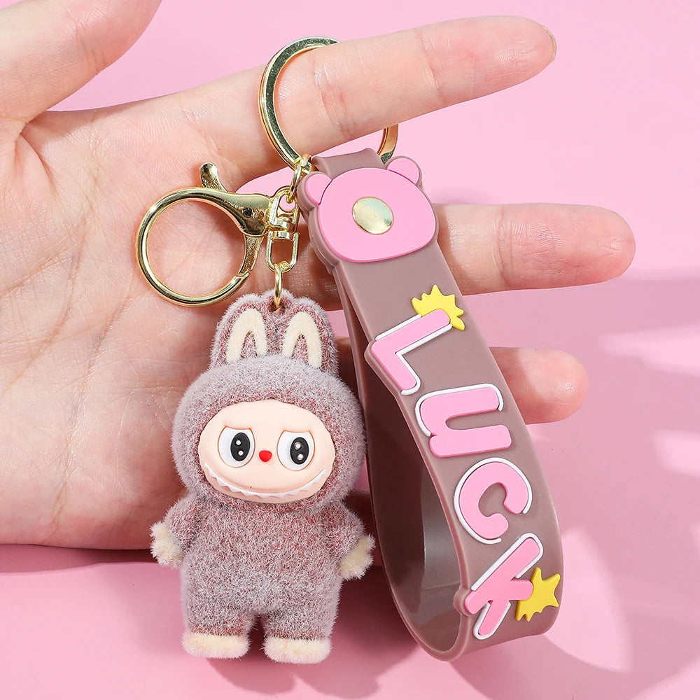Labubu Flocked Key Ring Doll with Silicone "Luck" Charm