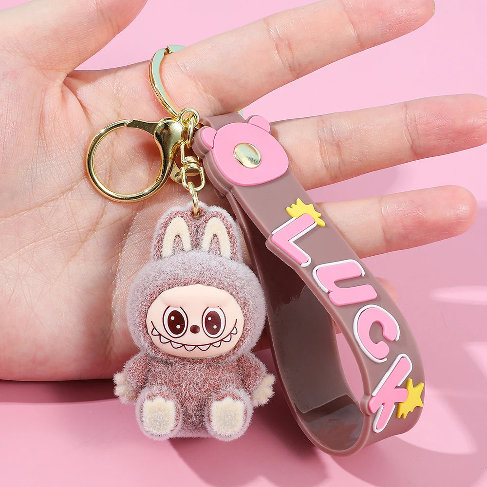 Labubu Flocked Key Ring Doll with Silicone "Luck" Charm