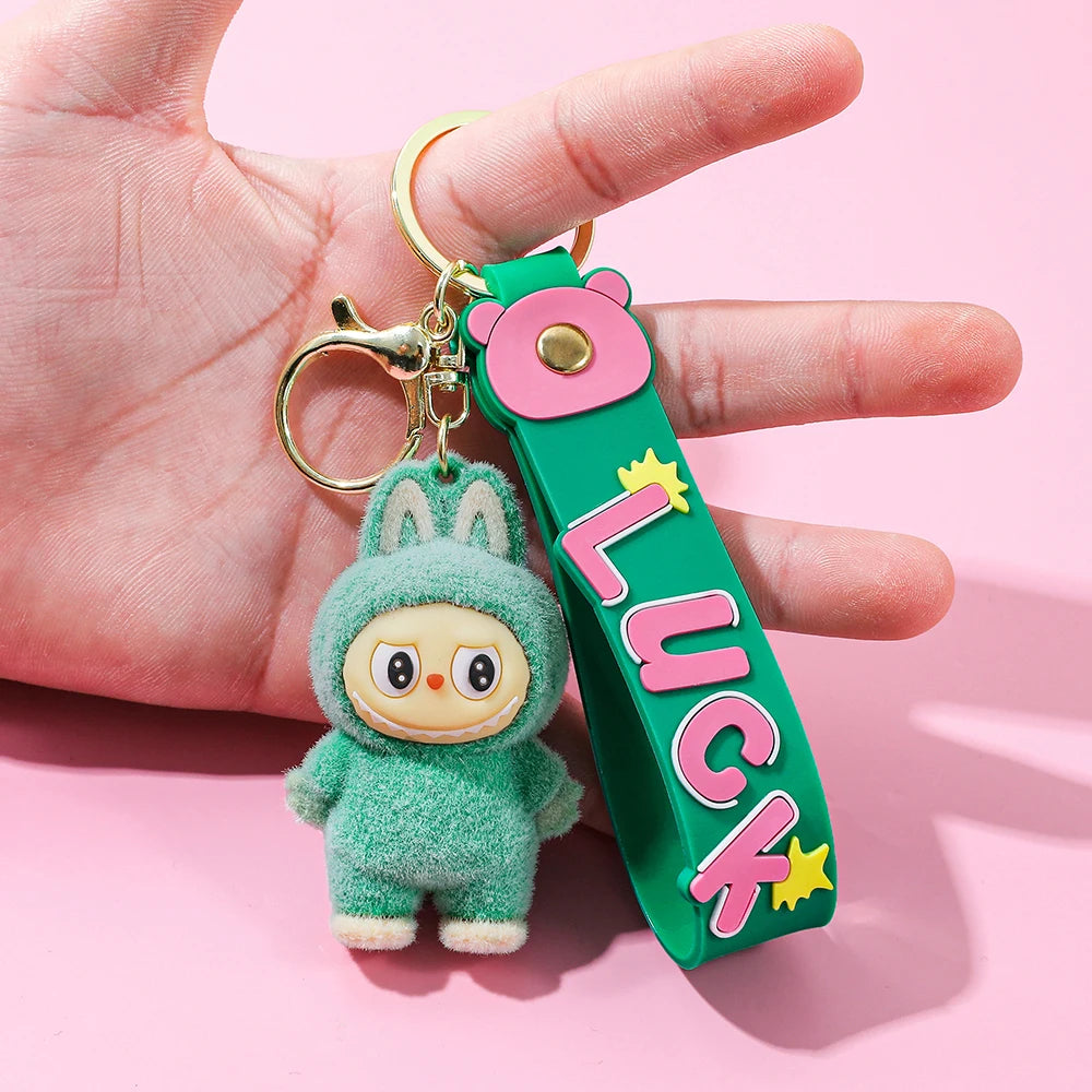 Labubu Flocked Key Ring Doll with Silicone "Luck" Charm