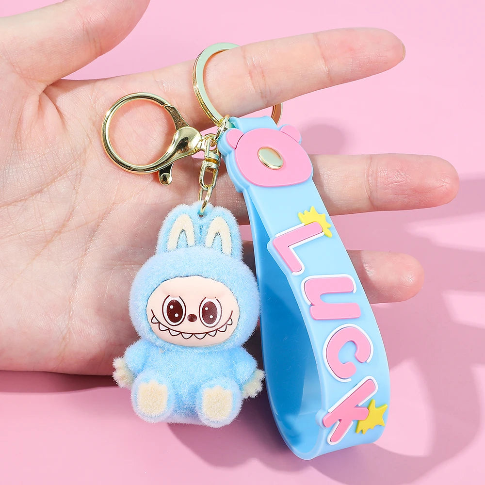 Labubu Flocked Key Ring Doll with Silicone "Luck" Charm