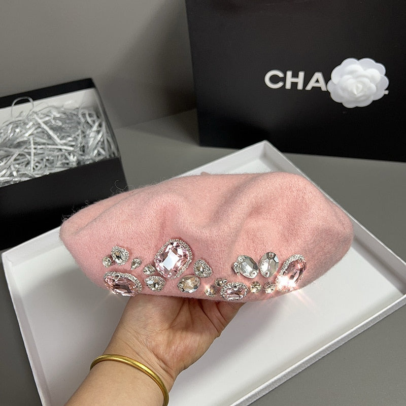 French Beret Winter Hat with Crystals