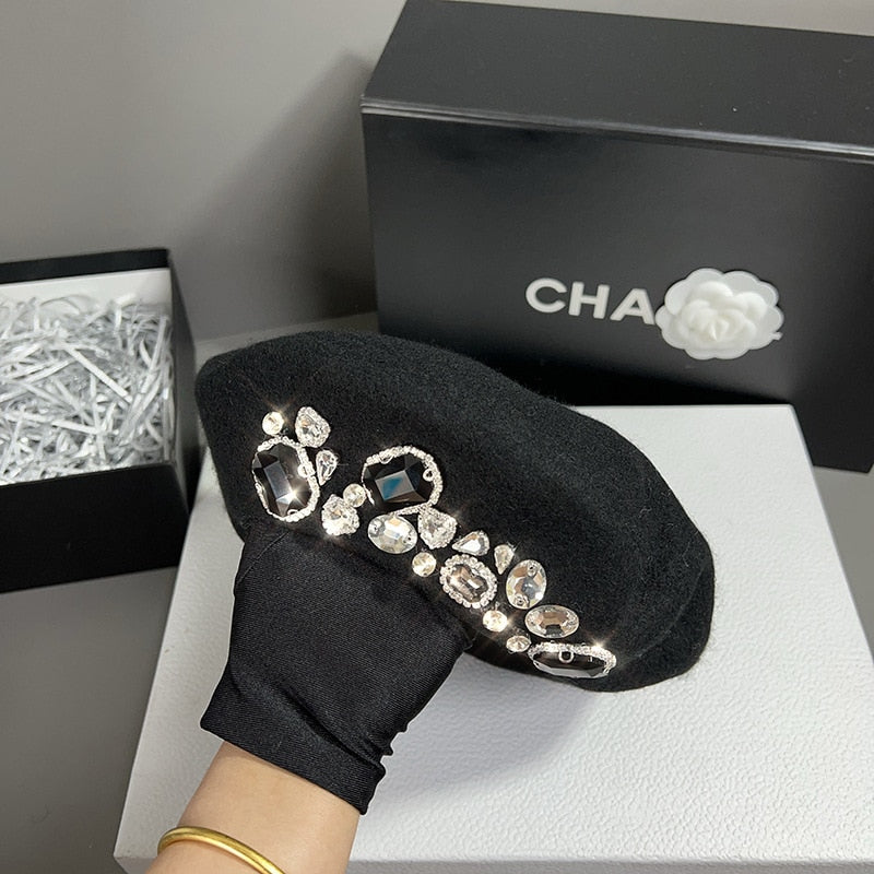 French Beret Winter Hat with Crystals