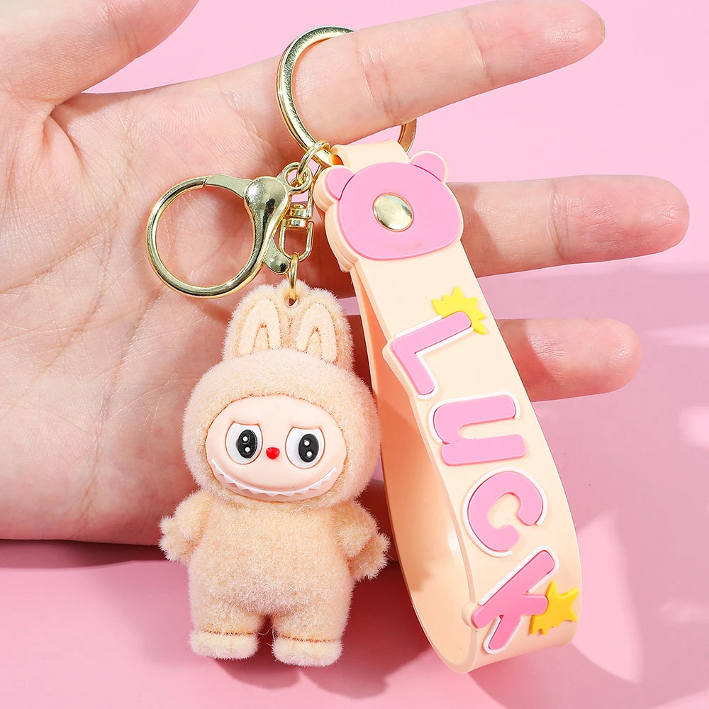 Labubu Flocked Key Ring Doll with Silicone "Luck" Charm