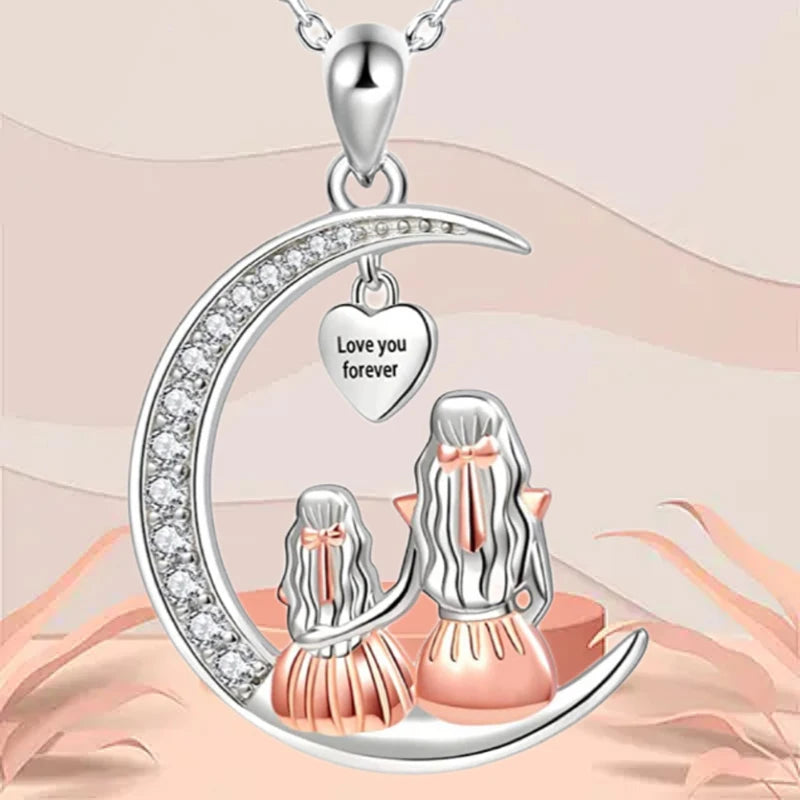 Mom & Daughter Moon Pendant –Love You Forever Heart in Keychain or Necklace