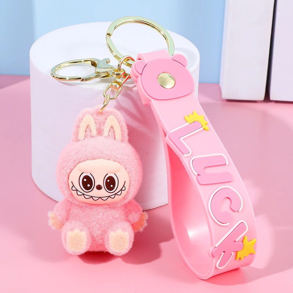 Labubu Flocked Key Ring Doll with Silicone "Luck" Charm