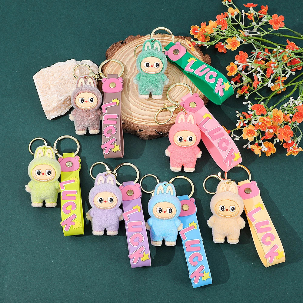 Labubu Flocked Key Ring Doll with Silicone "Luck" Charm