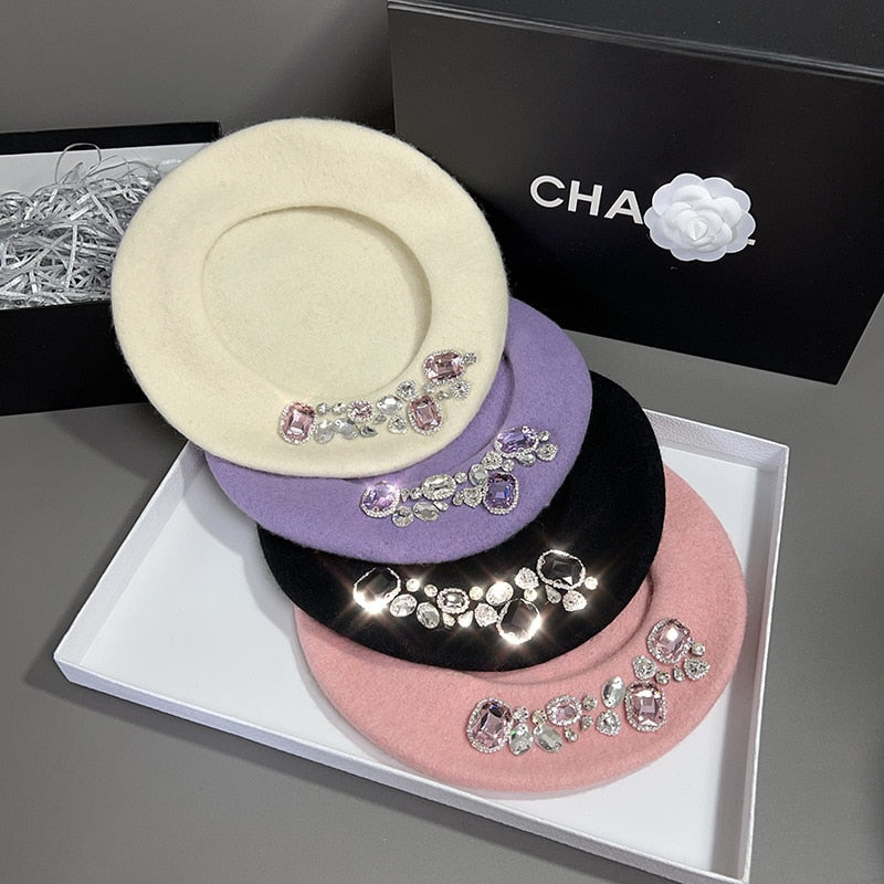 French Beret Winter Hat with Crystals