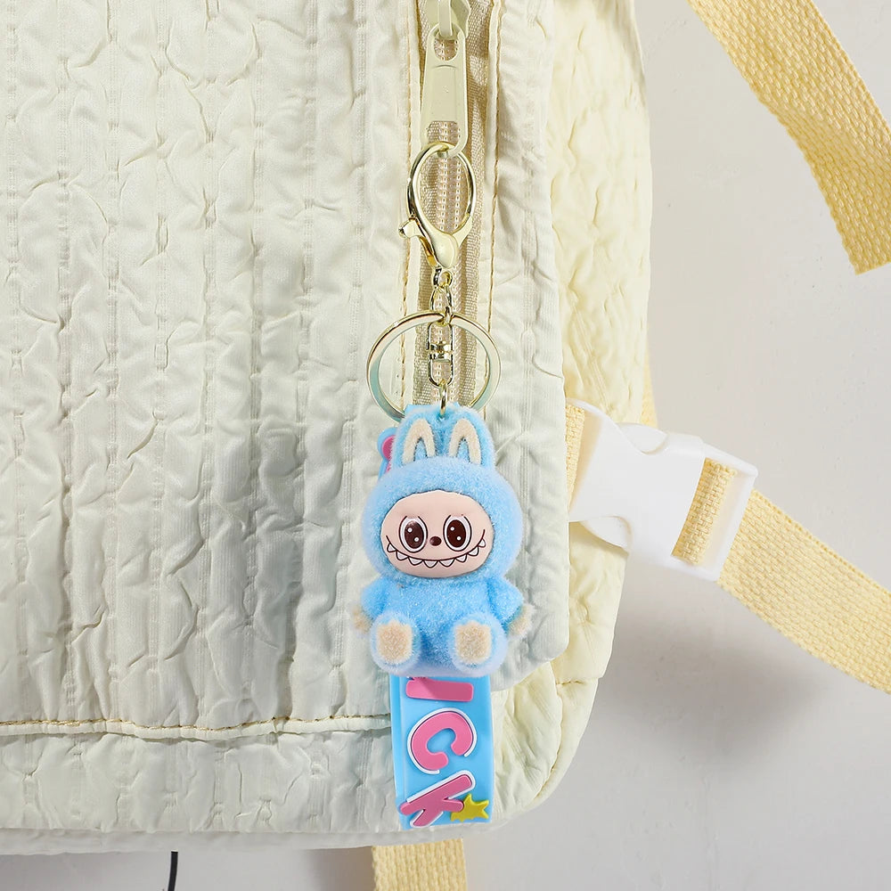 Labubu Flocked Key Ring Doll with Silicone "Luck" Charm