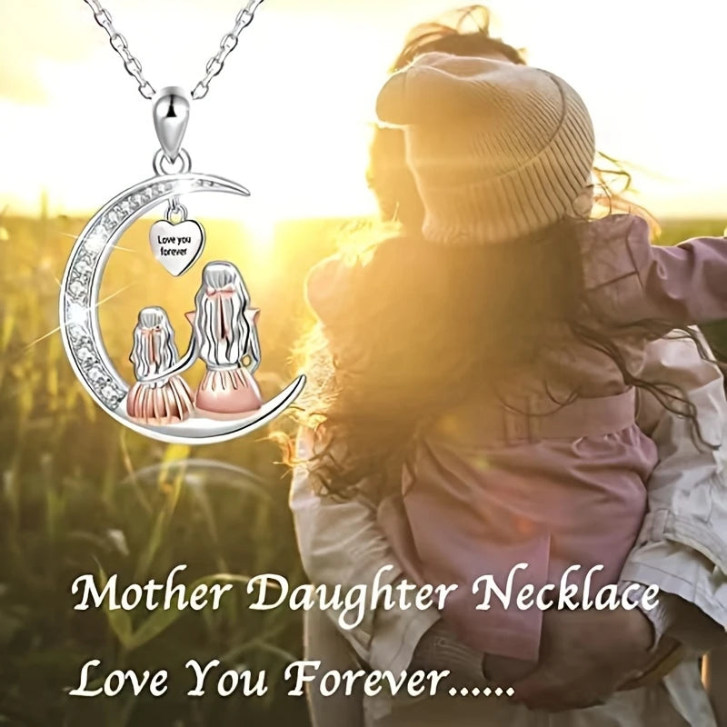 Mom & Daughter Moon Pendant –Love You Forever Heart in Keychain or Necklace