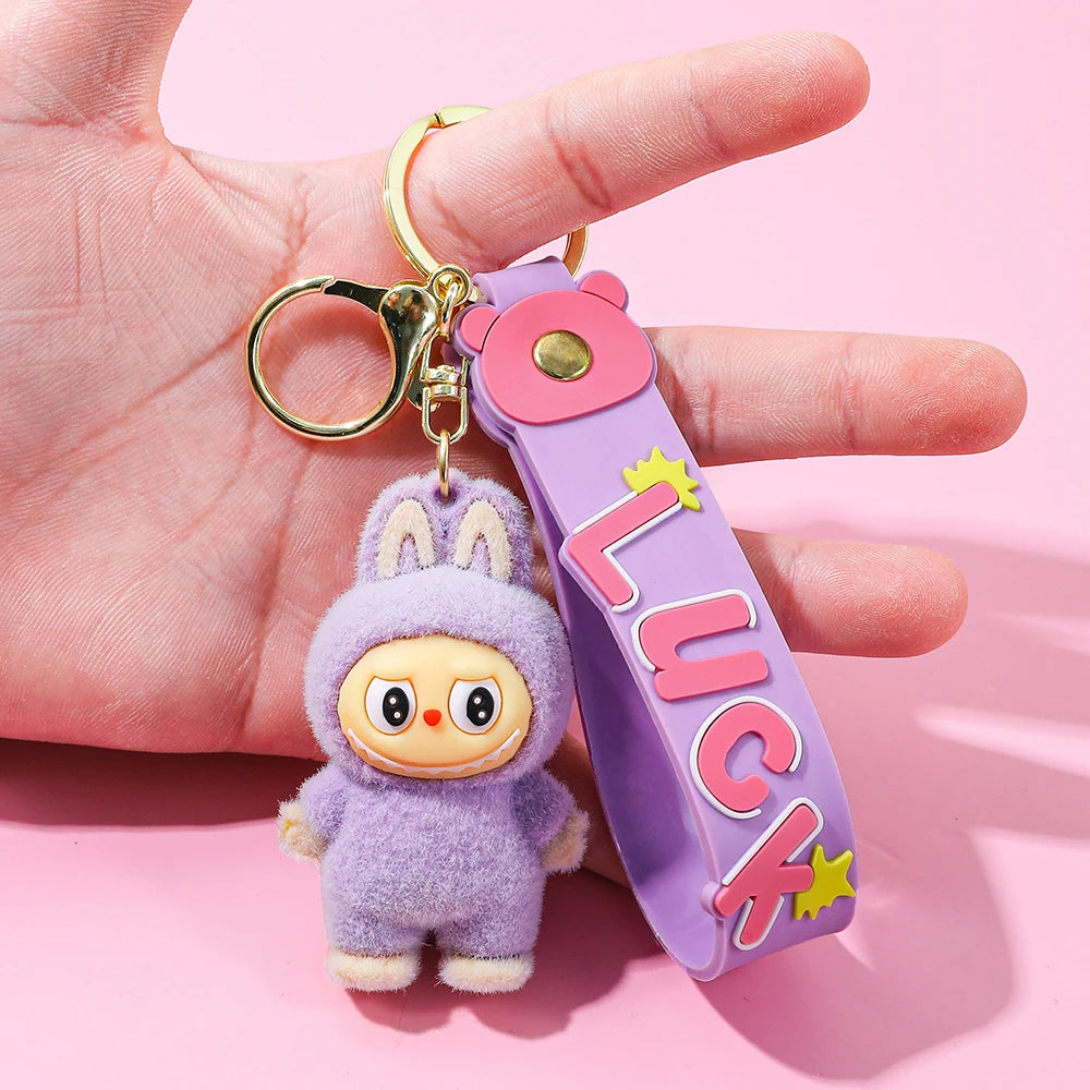 Labubu Flocked Key Ring Doll with Silicone "Luck" Charm