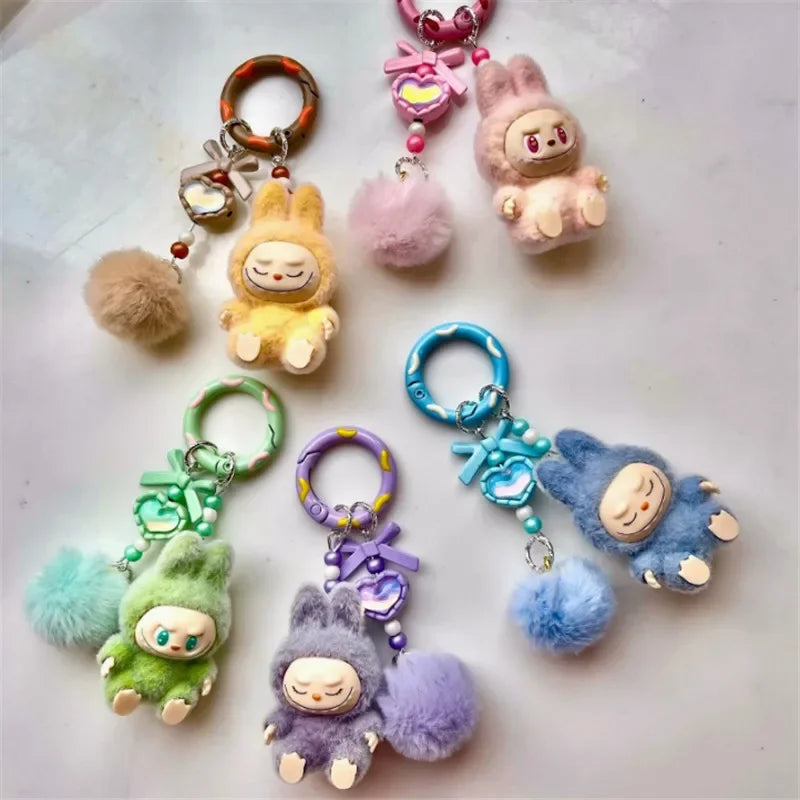 Labubu Mini Plush Keychain with Fluffy Ball