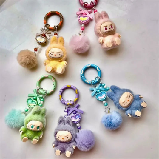 Labubu Mini Plush Keychain with Fluffy Ball