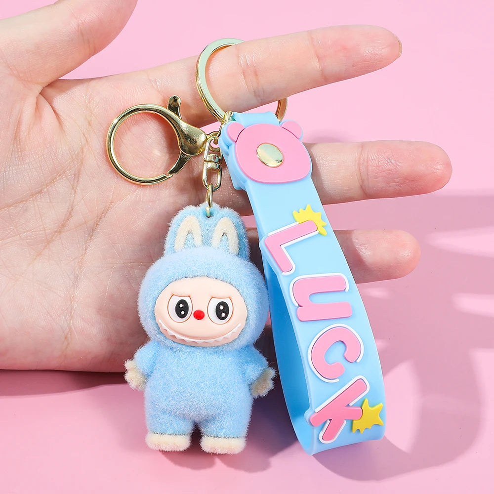 Labubu Flocked Key Ring Doll with Silicone "Luck" Charm