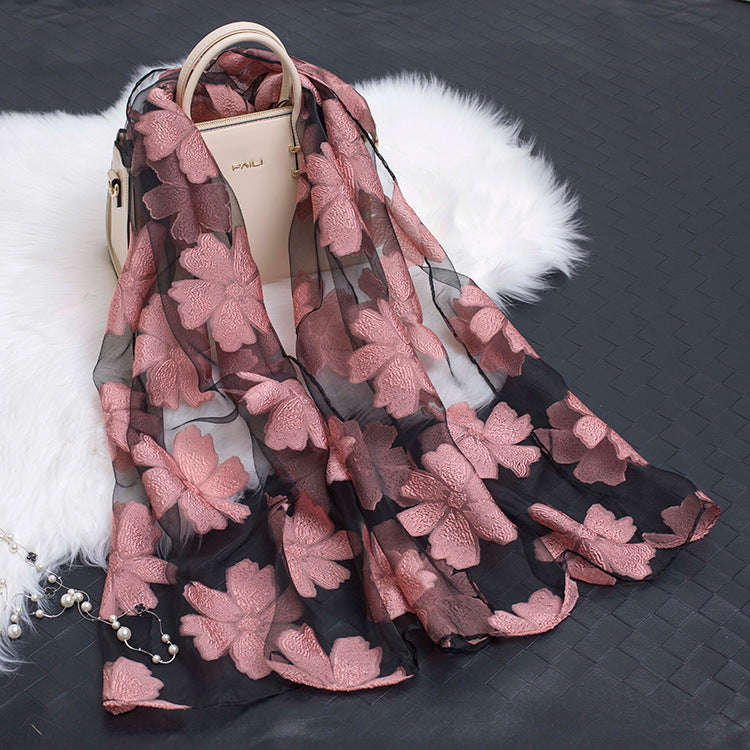 Cut Flowers Hollow Silk Organza Scarf