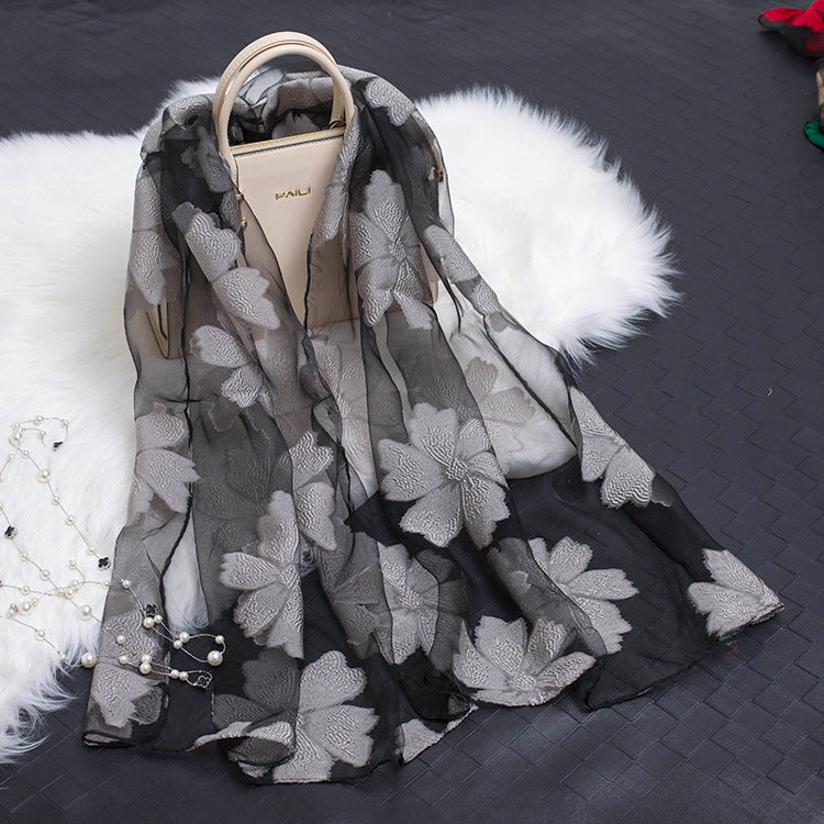 Cut Flowers Hollow Silk Organza Scarf