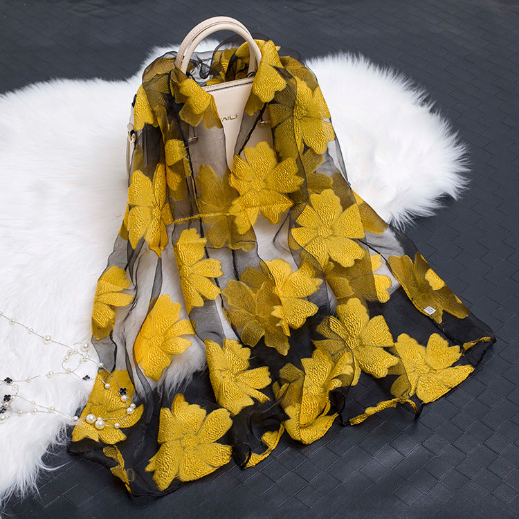 Cut Flowers Hollow Silk Organza Scarf