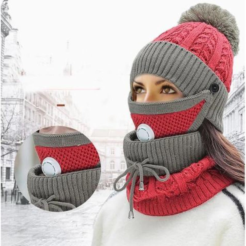 3 In 1 Winter Beanie Hat with Filter Mouth Cover and Neck Warmer