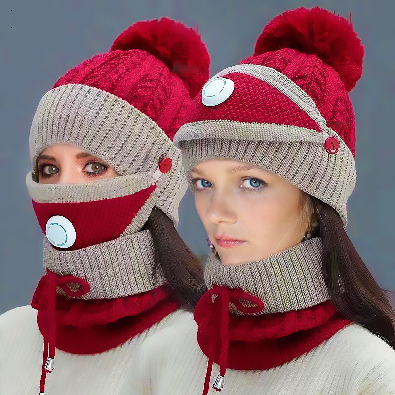 3 In 1 Winter Beanie Hat with Filter Mouth Cover and Neck Warmer