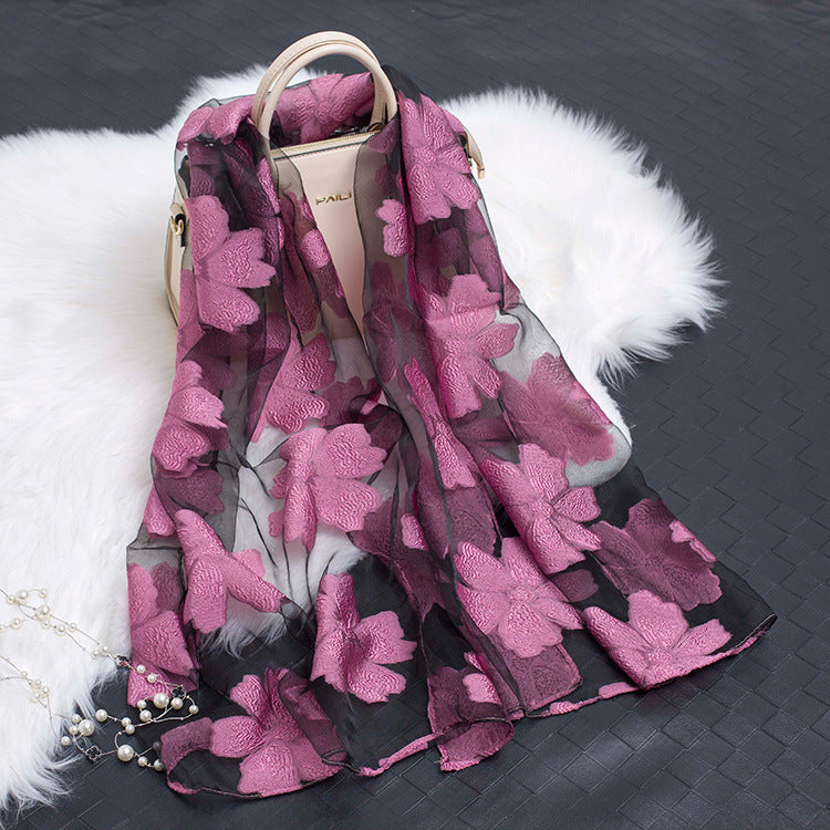 Cut Flowers Hollow Silk Organza Scarf