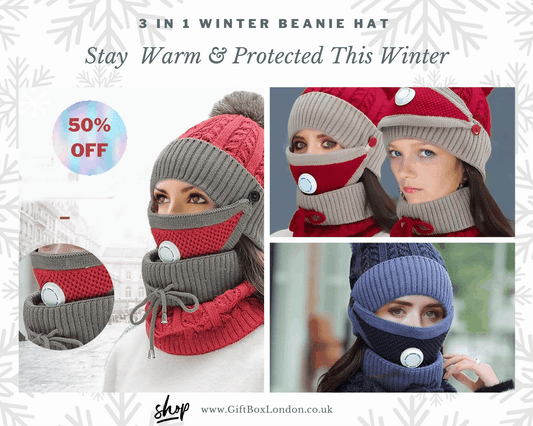 3 In 1 Winter Beanie Hat with Filter Mouth Cover and Neck Warmer