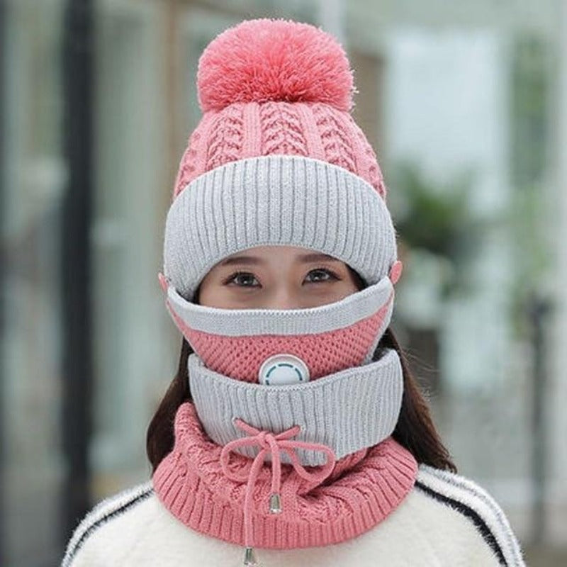 3 In 1 Winter Beanie Hat with Filter Mouth Cover and Neck Warmer