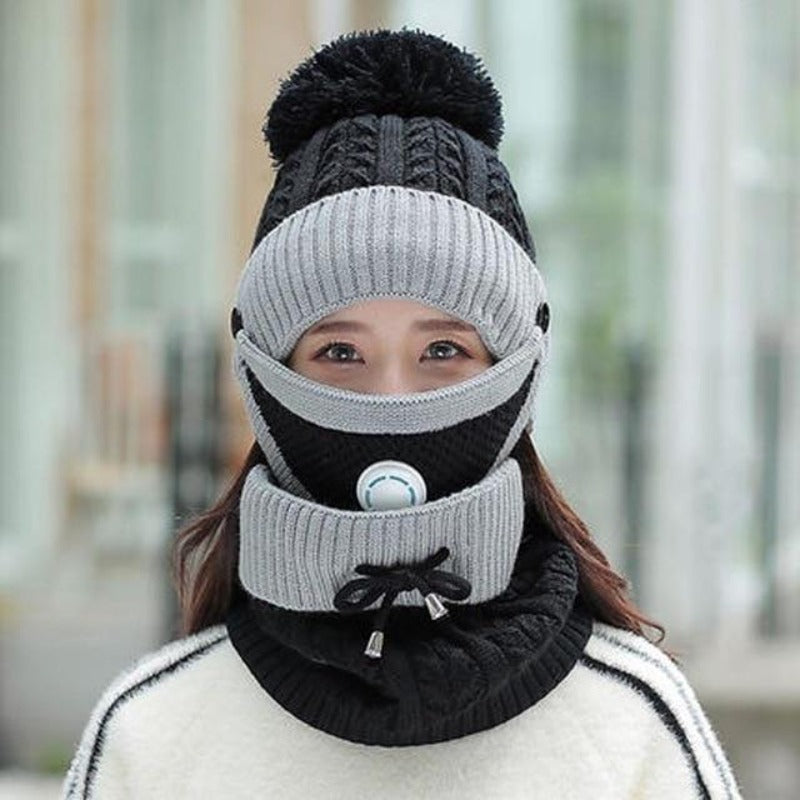 3 In 1 Winter Beanie Hat with Filter Mouth Cover and Neck Warmer