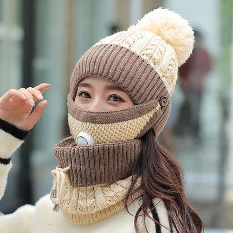 3 In 1 Winter Beanie Hat with Filter Mouth Cover and Neck Warmer