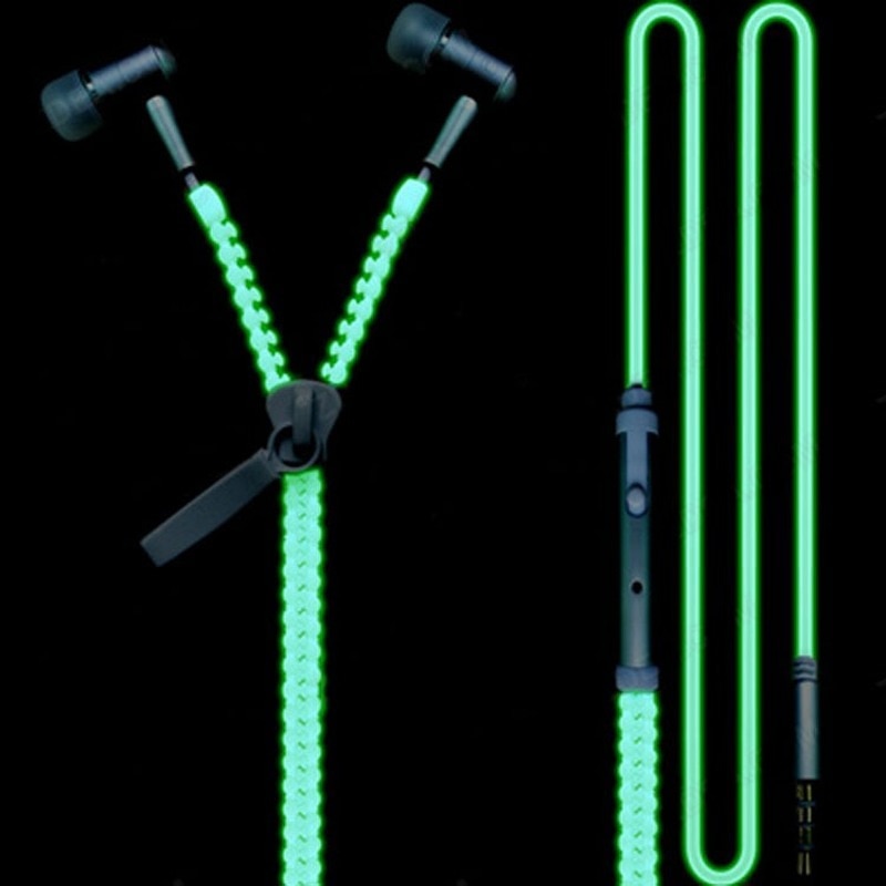 Glow In The Dark Zipper Earphones With Microphone