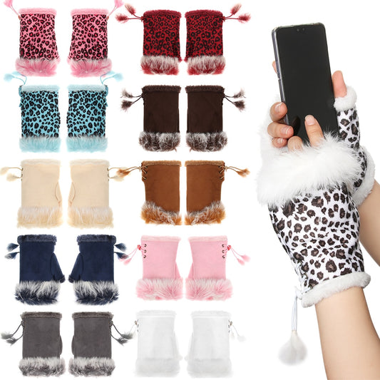 Fingerless Suede Gloves with Faux Rabbit Hair