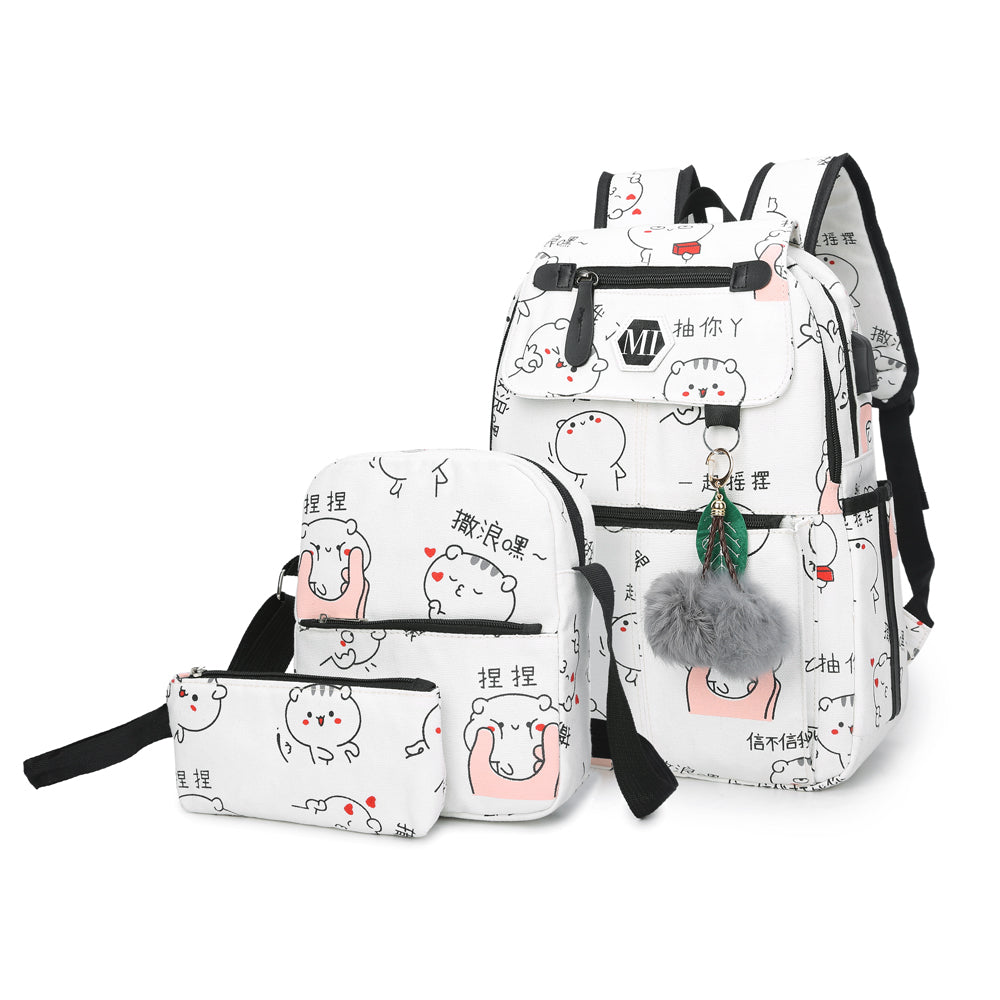 3 Pcs USB Charging Canvas Backpack