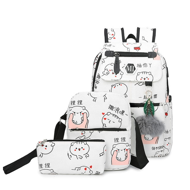 3 Pcs USB Charging Canvas Backpack