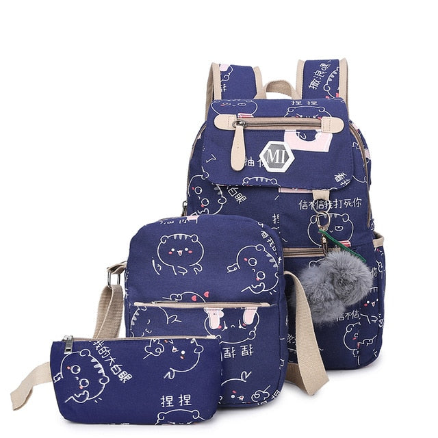 3 Pcs USB Charging Canvas Backpack
